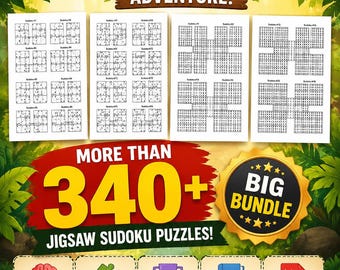Op de afbeelding: Een digitaal puzzelpakket getiteld The Ultimate Jigsaw Sudoku Adventure met een illustratie van een toekan en een aap. Het bevat meer dan 340 jigsaw sudoku puzzels, oplossingen en iconen voor hersentraining, entertainment en PDF-download.