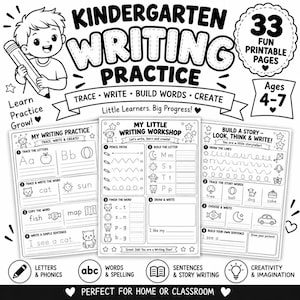 Może przedstawiać: Czarno-biały zestaw edukacyjny do druku zatytułowany Kindergarten Writing Practice, zawierający 33 strony dla dzieci w wieku 4-7 lat. Zawiera arkusze do kreślenia liter, budowania słów i tworzenia opowiadań, z ilustracją dziecka z ołówkiem.