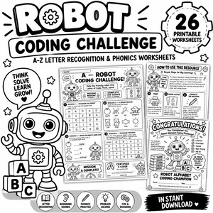 Op de afbeelding: Een set van 26 printbare robot-codeerwerkbladen voor letterherkenning en fonetiek. De zwart-wit pagina's bevatten een cartoonrobot, alfabetblokken en educatieve opdrachten zoals letteridentificatie, klankherkenning en padprogrammering.