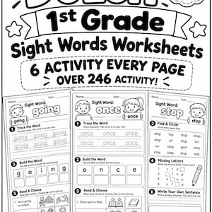 Op de afbeelding: Een zwart-wit educatieve werkbladenset getiteld PrintLabNest Dolch 1st Grade Sight Words Worksheets met 41 zichtwoorden en meer dan 246 activiteiten. De pagina's bevatten oefeningen voor overtrekken, woorden bouwen, ontbrekende letters en lezen.