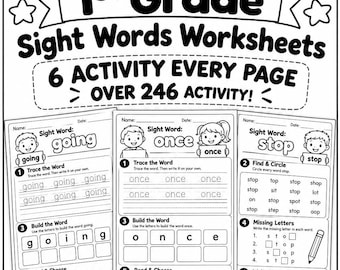 Op de afbeelding: Een zwart-wit educatieve werkbladenset getiteld PrintLabNest Dolch 1st Grade Sight Words Worksheets met 41 zichtwoorden en meer dan 246 activiteiten. De pagina's bevatten oefeningen voor overtrekken, woorden bouwen, ontbrekende letters en lezen.