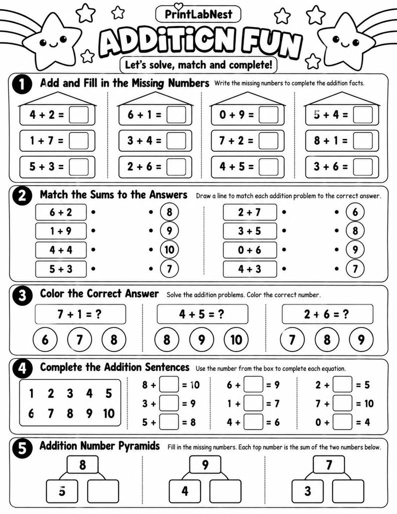 Addition Worksheets for Kids, Printable Math Activities, Kindergarten ...
