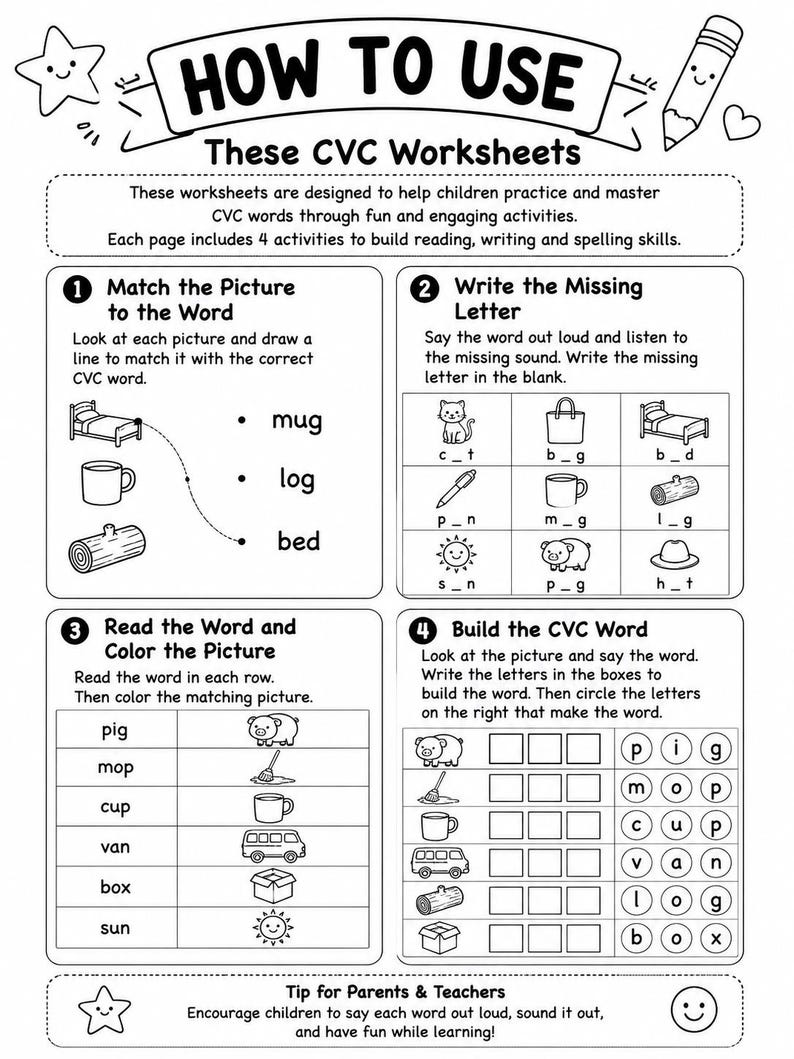 May include: A black and white educational worksheet titled HOW TO USE These CVC Worksheets. It features four sections with line art illustrations of objects like a bed, mug, log, pig, and sun, alongside text prompts for matching, writing, and building words.
