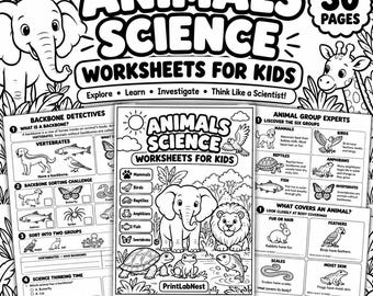 Op de afbeelding: Een zwart-wit educatieve werkbladenset getiteld Animals Science Worksheets for Kids, met 30 pagina's aan activiteiten. De pagina's bevatten illustraties van een olifant, leeuw, schildpad, kikker en vis, met tekst over diergroepen, ruggengraten en lichaamsbedekkingen.