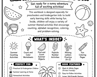 Op de afbeelding: Een zwart-wit werkboek getiteld Summer Learning Fun Book. De omslag bevat illustraties van een zon, ijsje, watermeloen, strandbal, emmer, zeester, palmboom en ananas. Het bevat secties voor tellen, alfabet oefeningen en kleurplaten voor kinderen.