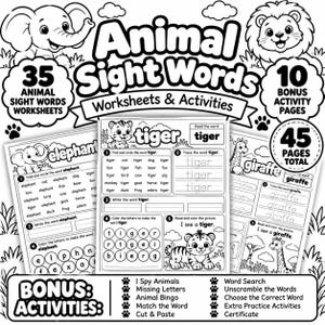 Op de afbeelding: Een zwart-wit educatieve werkbladenset getiteld Animal Sight Words Worksheets & Activities. Het bevat in totaal 45 pagina's, waaronder 35 werkbladen voor dier-woordbeelden en 10 bonus-activiteitenpagina's met illustraties van een olifant, leeuw, tijger en giraf.