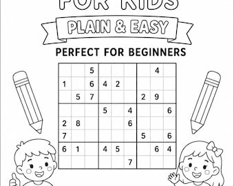 Op de afbeelding: Een zwart-wit Sudoku puzzelboek cover voor kinderen met de tekst SUDOKU FOR KIDS PLAIN & EASY, een raster met cijfers, twee potloodillustraties, een jongen, een meisje en badges met 190+ SUDOKU PUZZLES, EASY TO SOLVE, BOOSTS FOCUS en ANSWERS INCLUDED.