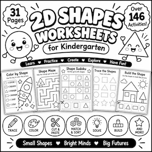 Może przedstawiać: Czarno-biały pakiet edukacyjny zatytułowany 2D SHAPES WORKSHEETS for Kindergarten zawierający 31 stron i ponad 146 ćwiczeń. Zawiera pięć przykładowych arkuszy roboczych, w tym Color by Shape, Shape Maze, Shape Sudoku, Trace the Shapes oraz Build the Shape.