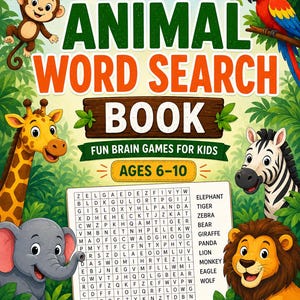 Op de afbeelding: Een kleurrijke kinderboekcover met de titel "ANIMAL WORD SEARCH BOOK" en illustraties van dieren. Het boek is voor kinderen van 6-10 jaar en bevordert woordenschat en focus. Bevat meer dan 100 puzzels.