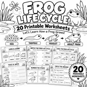 Könnte beinhalten: Ein schwarz-weißes Lernset mit 20 druckbaren Arbeitsblättern zum Thema Frog Life Cycle. Die Seiten enthalten Illustrationen von Eiern, Kaulquappen, jungen Fröschen und ausgewachsenen Fröschen mit Übungen zum Zuordnen, Beschriften und Schreiben.