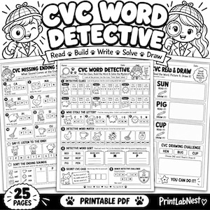 May include: A black and white printable PDF educational worksheet set titled CVC WORD DETECTIVE. The pages feature cartoon detectives with magnifying glasses, word building exercises, matching games, and drawing challenges for early literacy practice.