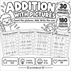 May include: A black and white educational worksheet set titled ADDITION WITH PICTURES. It features 30 printable pages with 180 addition problems using illustrations like apples, stars, fish, flowers, balloons, bees, ducks, gifts, turtles, rainbows, and watermelons.