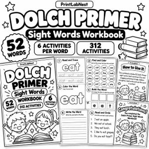 Puede incluir: Un cuaderno de trabajo educativo en blanco y negro titulado Dolch Primer Sight Words Workbook que contiene 52 palabras y 312 actividades. La portada y las páginas interiores muestran ilustraciones de niños, libros y seis ejercicios de aprendizaje distintos.