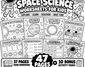 Op de afbeelding: Een zwart-wit printbare educatieve set getiteld Space Science Worksheets for Kids. Het bevat 47 pagina's met een astronaut, planeten, een raket en activiteiten zoals Meet the Solar System, Jupiter, The Sun en Space Spot the Difference.