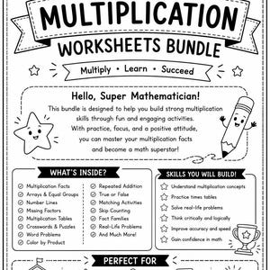 Multiplikationsarbetsblad | 38 utskrivbara matteaktiviteter | Multiplikationstabellövning | Matematik för årskurs 2 och 3 | Hemundervisning i PDF-format