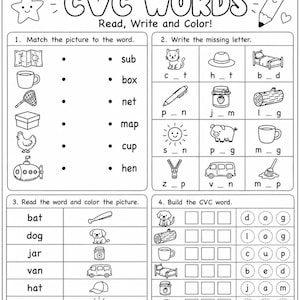May include: A black and white educational worksheet titled CVC WORDS Read, Write and Color! featuring four sections with illustrations of a map, cup, net, box, hen, submarine, cat, hat, bed, pen, jam, log, sun, pig, mug, zipper, van, mop, bat, and dog.