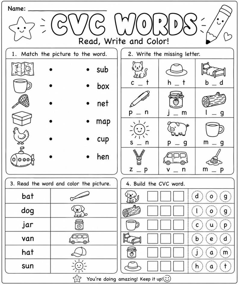 May include: A black and white educational worksheet titled CVC WORDS Read, Write and Color! featuring four sections with illustrations of a map, cup, net, box, hen, submarine, cat, hat, bed, pen, jam, log, sun, pig, mug, zipper, van, mop, bat, and dog.