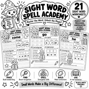 Puede incluir: Un conjunto educativo imprimible en blanco y negro titulado Sight Word Spell Academy que incluye 21 hojas de trabajo. Cada página presenta un personaje mago, ejercicios de caligrafía, actividades de ortografía y construcción de frases.