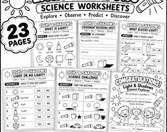 Op de afbeelding: Een set van 23 zwart-wit printbare werkbladen over licht en schaduw. De pagina's bevatten educatieve activiteiten, experimenteerbladen en een certificaat voor leerlingen, allemaal geïllustreerd met lijntekeningen van lichtbronnen.