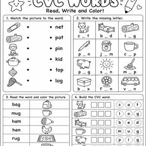 May include: A black and white educational worksheet titled CVC WORDS Read, Write and Color! featuring four sections with illustrations of a pin, log, kid, pot, top, net, cat, bed, pen, jam, cup, pig, sun, mop, box, fan, van, bag, mug, ham, hen, rug, and cup.