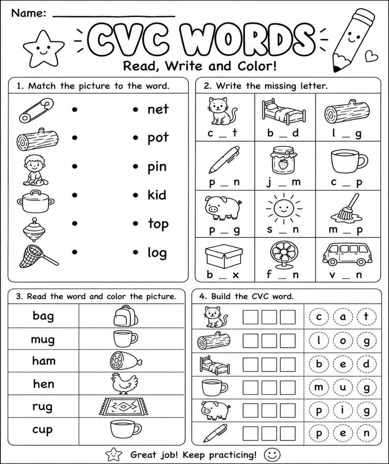 May include: A black and white educational worksheet titled CVC WORDS Read, Write and Color! featuring four sections with illustrations of a pin, log, kid, pot, top, net, cat, bed, pen, jam, cup, pig, sun, mop, box, fan, van, bag, mug, ham, hen, rug, and cup.