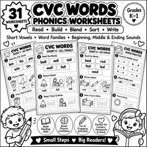 May include: A collection of 31 black and white CVC words phonics worksheets for grades K-1. The pages feature exercises to read, build, blend, sort, and write short vowels, word families, and sounds, illustrated with cartoon children and icons.