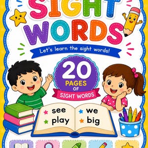 May include: A colorful children's book cover with the title "SIGHT WORDS" in large, multi-colored letters. The cover features illustrations of children, books, and pencils. The text "Let's learn the sight words!" is also included.