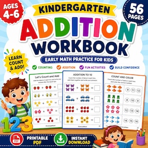 Può includere: Un colorato quaderno di esercizi di addizione per bambini della scuola materna, per bambini dai 4 ai 6 anni, con 56 pagine di esercizi di matematica. La copertina mostra il titolo "ADDITION WORKBOOK" in grandi lettere multicolori. Include attività di conteggio, addizione e divertimento.