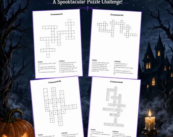 Op de afbeelding: Een Halloween kruiswoordraadselset met vier verschillende roosters met aanwijzingen, getiteld HALLOWEEN CROSSWORD A Spooktacular Puzzle Challenge. De pagina bevat de tekst: WELCOME, PUZZLE EXPLORER! Step into the shadows and test your wits with 4 hauntingly fun crossword puzzles! Are you ready to unlock the secrets of the night? GOOD LUCK... IF YOU DARE!