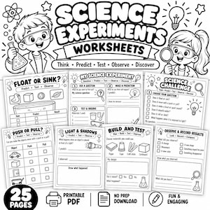 Peut inclure: Une collection de fiches d'exercices scientifiques en noir et blanc illustrées d'enfants en blouse de laboratoire. Les pages incluent des titres comme Float or Sink, My Science Experiment, Science Challenge, Push or Pull, Light and Shadows, Build and Test et Observe and Record Results.