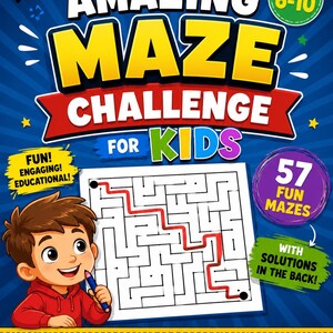 Peut inclure: Un livre d'activités coloré intitulé "Amazing Maze Challenge for Kids" avec un garçon de dessin animé et un labyrinthe résolu. La couverture présente du texte tel que "Fun! Engaging! Educational!" et "57 Fun Mazes". Le livre est pour les enfants de 6 à 10 ans.