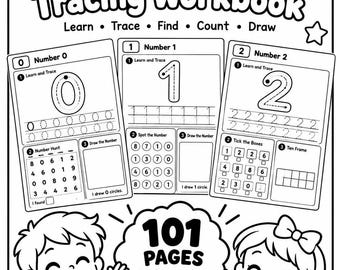 Op de afbeelding: Een zwart-wit werkboekcover voor het overtrekken van cijfers met de titel My Number Tracing Workbook, Learn Trace Find Count Draw, en 101 PAGES Each page has 3 activities. Drie voorbeeldpagina's tonen de cijfers 0, 1 en 2.