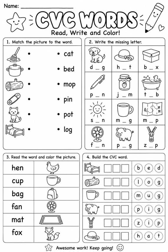 CVC Words Phonics Workbook | 30 Printable Literacy Worksheets for Preschool & Kindergarten | Reading - Spelling Practice