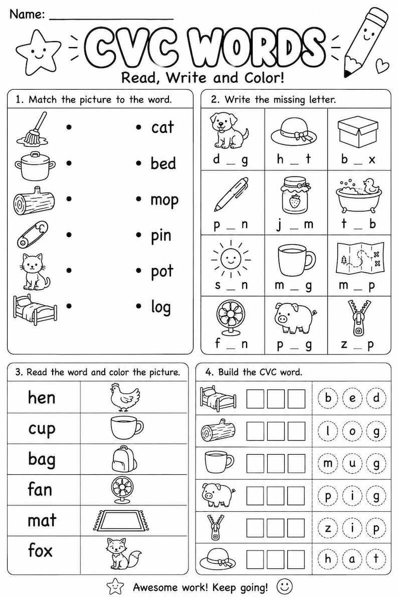 CVC Words Phonics Workbook | 30 Printable Literacy Worksheets for Preschool & Kindergarten | Reading - Spelling Practice image 1