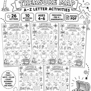 May include: A black and white printable activity sheet titled Alphabet Treasure Map A-Z Letter Activities. The page features educational exercises for children, including tracing letters, coloring, and counting, with illustrations of treasure chests.