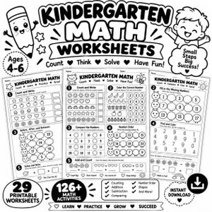 Könnte beinhalten: Eine Sammlung von schwarz-weißen Kindergarten-Mathe-Arbeitsblättern mit Übungen zum Zählen, Addieren, Subtrahieren und zur Zahlenreihenfolge. Die Seiten enthalten Illustrationen von Tieren, Formen und Zahlen mit Texten wie Kindergarten Math Worksheets, Ages 4-6 und Small Steps Big Success.