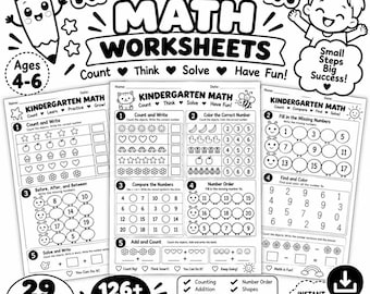 Op de afbeelding: Een verzameling zwart-wit werkbladen voor kleuterwiskunde met activiteiten voor tellen, optellen, aftrekken en getallenreeksen. De pagina's bevatten illustraties van dieren, vormen en cijfers met tekst zoals Kindergarten Math Worksheets, Ages 4-6 en Small Steps Big Success.
