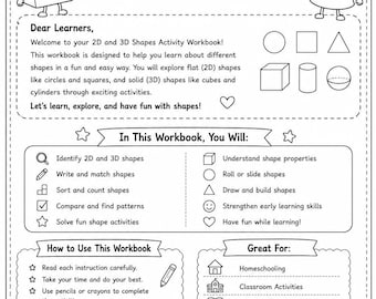 Op de afbeelding: Een zwart-wit werkboekpagina met de titel Welcome to 2D and 3D SHAPES Activity Workbook. De pagina bevat cartoonvormen, instructietekst, lijsten met leerdoelen, gebruiksrichtlijnen en secties voor naam, datum en leraar of ouder.