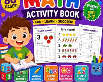 Op de afbeelding: Een kleurrijk wiskundig activiteitenboek voor kinderen van 3-7 jaar, met een lachende cartoonjongen. De omslag toont de titel "MATH ACTIVITY BOOK" en bevat pagina's voor het traceren van getallen, tellen en het schrijven van getallen. 80 pagina's.