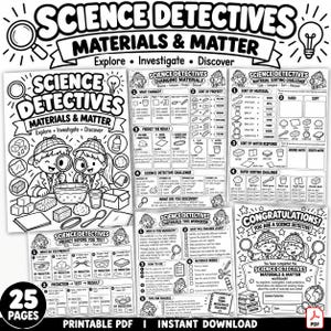 Könnte beinhalten: Ein schwarz-weißes, druckbares Wissenschafts-Arbeitsheft mit dem Titel Science Detectives Materials & Matter. Die Seiten enthalten Illustrationen von Kindern mit Lupen, Sortiertabellen, Eigenschafts-Checklisten und Experimentierprotokollen.
