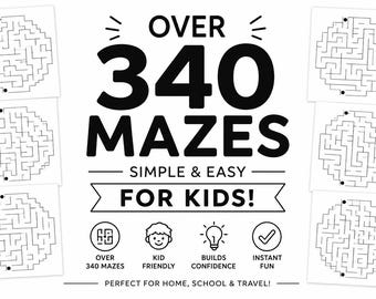 Op de afbeelding: Een verzameling zwart-witte cirkelvormige doolhofpuzzels voor kinderen. De centrale tekst luidt OVER 340 MAZES SIMPLE & EASY FOR KIDS! met iconen voor kid friendly, builds confidence en instant fun. Zes individuele voorbeelden van doolhoven zijn getoond.