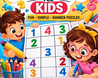 May include: A colorful book cover with the title "EASY SUDOKU FOR KIDS". The image features two cartoon children holding a Sudoku puzzle. The text "FUN SIMPLE NUMBER PUZZLES" is also visible. The age range is "AGES 4-8".