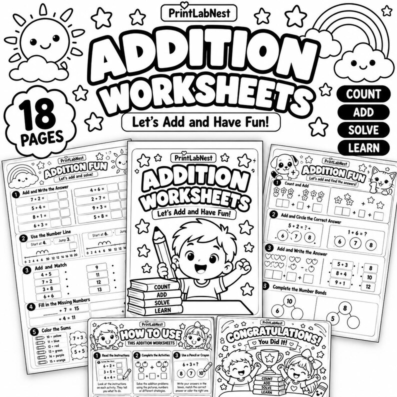 Addition Worksheets for Kids, Printable Math Activities, Kindergarten ...