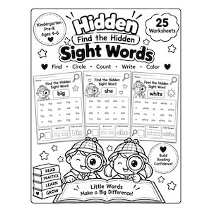 Può includere: Un set di 25 schede didattiche in bianco e nero intitolato Hidden Find the Hidden Sight Words per bambini dai 4 ai 6 anni. Include attività per trovare, cerchiare, contare, scrivere e colorare parole, con illustrazioni di bambini e lenti d'ingrandimento.
