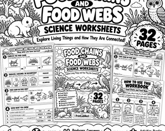 Op de afbeelding: Een zwart-wit printbaar wetenschappelijk werkboek getiteld Food Chains and Food Webs met 32 pagina's aan educatieve activiteiten, diagrammen en illustraties van dieren om te leren over ecosystemen en hun onderlinge verbindingen.