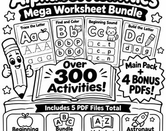 Alfabetactiviteiten Mega Bundel, meer dan 300 printbare letterwerkbladen, lettertraceren, fonetiek, beginletters, 4 bonus PDF-pakketten, kleuterschool