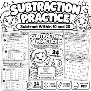Subtraction Worksheets Within 10 and 20, Kindergarten Math Practice, Printable Math Workbook, Missing Numbers and Mixed Subtraction PDF