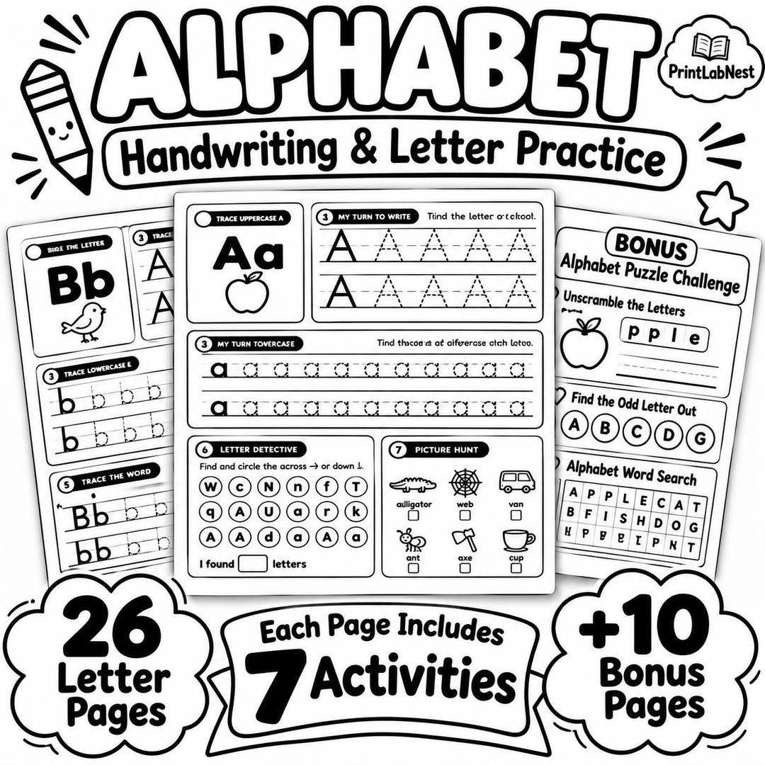 Alphabet Handwriting Worksheets for Kids, A–Z Tracing, 7 Activities per ...