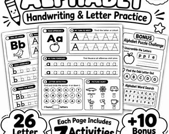 Werkbladen voor het leren schrijven van het alfabet voor kinderen, A–Z overtrekken, 7 activiteiten per letter, 10 bonuspagina's, printbaar PDF-bestand voor kleuters.