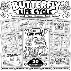 以下が含まれることがあります： Butterfly Life Cycleというタイトルの白黒印刷可能なワークシート集。なぞり書き、数え方、順序立てなどの教育的アクティビティが含まれています。各ページには、卵、毛虫、さなぎ、蝶のイラストが描かれています。